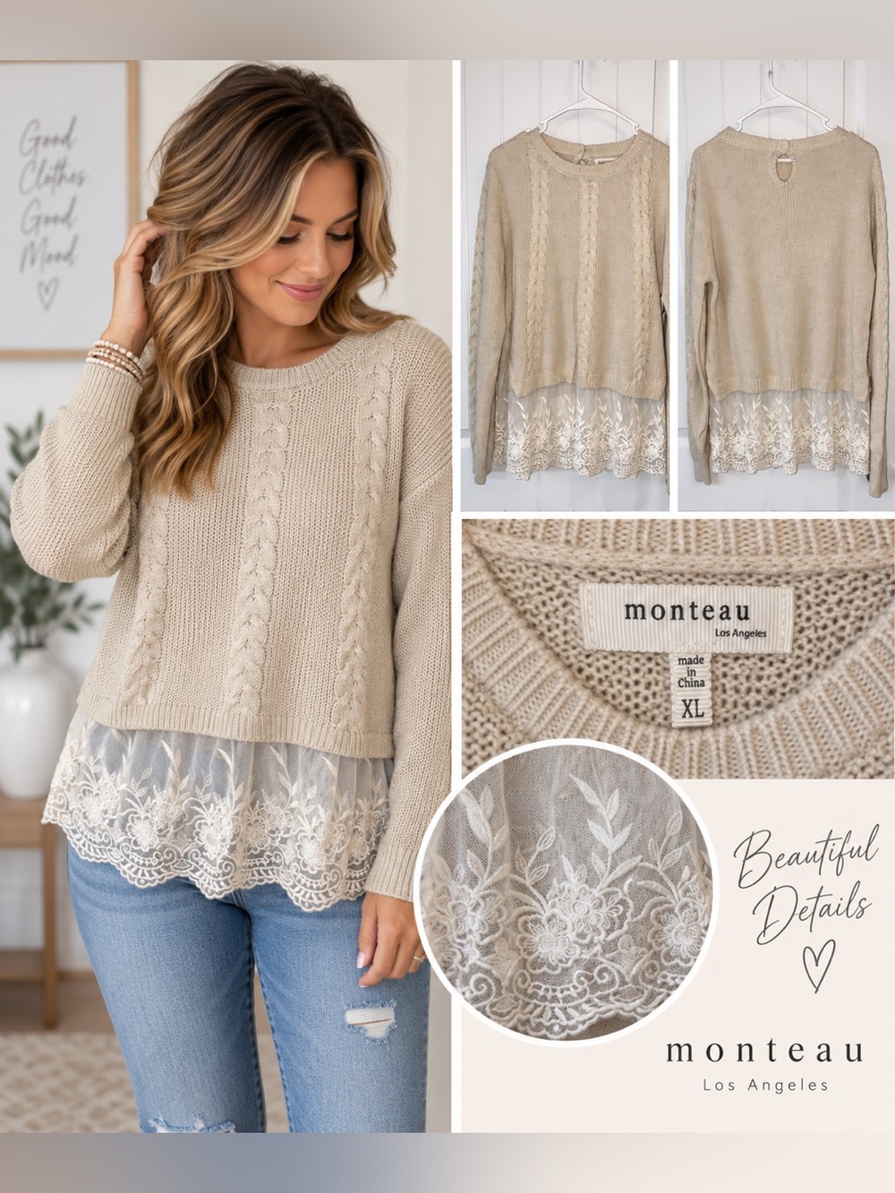 Monteau Beige Cable-Knit Sweater with Lace Hem